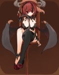  1girl ankle_garter bare_legs between_breasts between_legs black_legwear breasts brown_background chair demon_tail endou_chihiro highres horns large_breasts original red_eyes redhead short_hair simple_background single_thighhigh sitting solo tail thigh-highs wings wrist_cuffs 