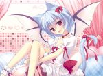  1girl :d animal_ears bat_wings blue_hair bow breasts cat_ears cat_tail choker cleavage fang female hair_bow heart kemonomimi_mode looking_at_viewer motomiya_mitsuki no_hat no_headwear open_mouth pillow red_eyes remilia_scarlet ribbon short_hair sitting smile solo tail tail_ribbon touhou wings wrist_cuffs 