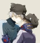  2boys animal_hat badge brown_hair button_badge cat_hat evangelion:_3.0_you_can_(not)_redo grey_hair hand_on_another&#039;s_face hat ikari_shinji incipient_kiss male_focus multiple_boys nagisa-a nagisa_kaworu neon_genesis_evangelion rebuild_of_evangelion track_jacket yaoi 