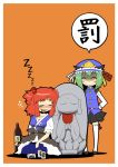  2girls alcohol beer blush blush_stickers bottle breasts cleavage closed_eyes drunk female frills green_hair hair_bobbles hair_ornament hat multiple_girls onozuka_komachi orange_hair redhead shiki_eiki short_hair sitting skirt sleeping smile statue thigh-highs touhou twintails white_legwear zannen_na_hito zzz 