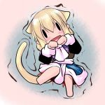  1girl animal_ears blonde_hair blush cat_ears cat_tail chibi fang female gradient gradient_background hoshizuki_(seigetsu) long_sleeves looking_at_viewer lying mizuhashi_parsee open_mouth puru-see short_hair solo tail touhou trembling vest |_| 