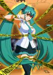  1girl armpits boots caution_tape green_eyes green_hair hand_on_hip hatsune_miku highres long_hair looking_at_viewer nail_polish necktie oshiyon skirt thigh-highs thigh_boots twintails v very_long_hair vocaloid wrist_cuffs 