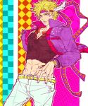  1boy abs battle_tendency belt blonde_hair bloody_stream caesar_anthonio_zeppeli checkered crop_top cropped_jacket facial_mark feathers green_eyes headband jacket jewelry jojo_no_kimyou_na_bouken kaya_(umum78) male_focus midriff patterned_background polka_dot polka_dot_background ribbon ring solo white_pants 