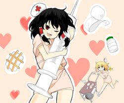  2girls bandage black_hair blonde_hair braid female hair_tubes hakurei_reimu hat heart kirisame_marisa large_syringe miniskirt morodashi multiple_girls nurse nurse_cap oversized_object red_eyes running single_braid skirt syringe touhou uniform wink yellow_eyes 