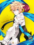  1boy aqua_eyes armor bad_id blonde_hair character_name chung_seiker daizu_yan deadly_chaser_(elsword) elsword gloves looking_back male_focus messy_hair scarf solo yellow_background 
