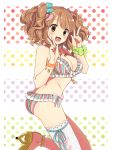  1girl :3 bikini bracelet breasts brown_eyes brown_hair cleavage double_v frills idolmaster idolmaster_cinderella_girls jewelry long_hair moroboshi_kirari open_mouth saito_katuo single_thighhigh swimsuit thigh-highs twintails v 