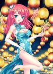  1girl braid breasts china_dress chinese_clothes cleavage dress female fireworks fred0092 green_eyes hair_ornament high_heels highres hong_meiling lantern long_hair md5_mismatch night no_hat no_headwear open_mouth redhead shoes smile touhou twin_braids 