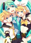  1boy 2girls :q achiki aqua_eyes aqua_hair ascot blonde_hair blue_eyes bow brother_and_sister collarbone detached_sleeves green_eyes green_hair hair_bow hatsune_miku headphones kagamine_len kagamine_rin looking_at_viewer multiple_girls necktie open_mouth short_hair siblings smile tongue tongue_out twintails vocaloid 