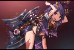  1girl :d arms_up axe bent_over breasts cleavage eyeball highres hips horns huge_weapon letterboxed looking_at_viewer midriff navel open_mouth original panties purple_hair smile solo talisman tattoo underwear violet_eyes weapon white_panties wristband zenn 