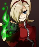  1boy ash_crimson blonde_hair blue_eyes fingerless_gloves fire freckles gloves green_fire grin hair_over_one_eye hairband king_of_fighters male_focus puchi-pochi smile solo the_king_of_fighters zipper 