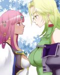 2girls ariel_org bangs banpresto bare_shoulders breasts choker dark_skin eye_contact gorogorogoroo gradient_hair green_eyes green_hair height_difference lamia_loveless large_breasts looking_at_another looking_down looking_up multicolored_hair multiple_girls profile purple_hair snowflakes super_robot_wars the_2nd_super_robot_wars_og violet_eyes 