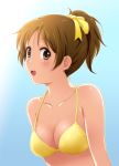  1girl bikini bikini_top brown_eyes brown_hair hirasawa_ui k-on! ponytail shian_(my_lonly_life.) short_hair simple_background swimsuit yellow_bikini 