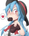  1girl absurdres blue_hair bow bowtie chocolate chocolate_heart female hat heart highres hinanawi_tenshi mouth_hold pov red_eyes route1911 solo spoken_heart touhou valentine 