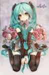  1girl aqua_eyes aqua_hair between_legs bouquet commentary detached_sleeves flower hair_ornament hand_between_legs hatsune_miku headset highres long_hair looking_at_viewer necktie rose sitting skirt smile solo takepon1123 thigh-highs twintails very_long_hair vocaloid wariza 