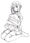  1girl bbb_(friskuser) frog hairband hug hyouka irisu_fuyumi lineart monochrome short_hair simple_background solo stuffed_animal stuffed_toy sweater thigh-highs younger 