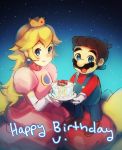  1boy 1girl birthday_cake blonde_hair blue_eyes brown_hair cake crown earrings elbow_gloves facial_hair food gloves happy_birthday height_difference jewelry long_hair mario mustache nintendo overalls princess_peach smile star starry_background super_mario_bros. weee_(raemz) white_gloves 