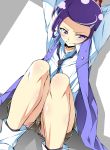  1girl arms_behind_head blush bound dokidoki!_precure highres kenzaki_makoto legs long_legs necktie panties precure purple_hair short_hair shorts solo tanabe_kyou tied_up tsurime underwear upshorts violet_eyes 