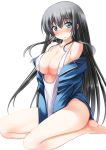  1girl alric aqua_eyes bare_shoulders barefoot black_hair blush breasts large_breasts long_hair looking_at_viewer original seiza simple_background sitting solo swimsuit very_long_hair white_background 