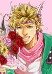  1boy blonde_hair bouquet caesar_anthonio_zeppeli facial_mark feathers flower green_eyes green_jacket grin hair_feathers headband ito_(e10_e10) jacket jojo_no_kimyou_na_bouken lily_of_the_valley lips male_focus petals pink_background red_rose rose smile solo teeth upper_body 