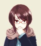  1girl akku_lude brown_eyes brown_hair finger_to_mouth glasses highres jacket looking_at_viewer original scarf short_hair solo 