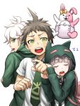  1girl 2boys ahoge arm_grab backpack bag brown_hair dangan_ronpa green_eyes hair_ornament hairclip hinata_hajime hood hoodie jacket komaeda_nagito monomi_(dangan_ronpa) multiple_boys nanami_chiaki necktie open_mouth pink_eyes pink_hair purple_hair rabbit saliva school_uniform short_hair shouhei sleeping super_dangan_ronpa_2 sweat white_background white_hair yellow_eyes 