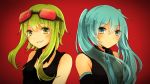  2girls bare_shoulders blue_eyes blue_hair chizuru_(ambient) detached_sleeves goggles goggles_on_head green_eyes green_hair gumi hatsune_miku long_hair multiple_girls necktie simple_background smile twintails vest vocaloid 