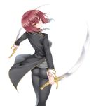  1girl ass breasts drill_hair dual_wielding kure_masahiro leticia_velazquez looking_at_viewer looking_back ochikobore_no_ryuugoroshi pants redhead simple_background solo sword tight tight_pants weapon white_background 