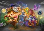  1boy 2girls animal_ears belt bikini_top blue_eyes blush boar boots bow_(weapon) breasts brown_hair cleavage closed_eyes collar fairy flail flask fur gloves goggles goggles_on_head grass green_eyes hat helmet horned_helmet league_of_legends long_hair lulu_(league_of_legends) mask midriff moon multiple_girls mushroom nose_ring pale_skin pix potion purple_hair purple_skin scroll sejuani shield short_hair shorts shoulder_pads signature silver_hair smile spyglass squirrel staff teemo very_long_hair ward weapon witch_hat yordle yummiclaire 