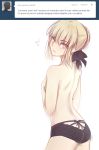/\/\/\ 1girl ass back black_panties blonde_hair braid butt_crack covering covering_breasts covering_chest fate/stay_night fate_(series) female_ass flat_ass french_braid hair_bun hair_ribbon lace lace-trimmed_panties pale_skin panties panties_only ribbon saber saber_alter short_hair solo surprised topless tumblr tusia underwear underwear_only yellow_eyes