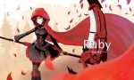  10s 1girl 2013 absurdres boots character_name cloak copyright_name cross dated dress english forest graveyard highres hood hooded_cloak nature pantyhose petals rose_petals ruby_rose rwby scythe short_hair signature skirt solo sunset_xi tree weapon yuugyou_you 