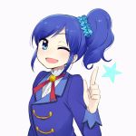  1girl ;d aikatsu! blue_eyes blue_hair chan_co index_finger_raised kiriya_aoi one_eye_closed open_mouth scrunchie side_ponytail smile solo star wink 