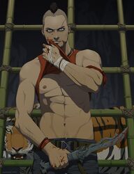  10s 1boy 2013 abs bandage belt black_hair blade blood blue_eyes cage dated far_cry far_cry_3 gb_(doubleleaf) grin knife mohawk pants parted_lips short_hair smile solo tiger vaas vaas_montenegro wristband 