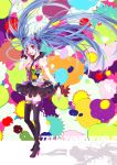  1girl blue_hair boots copyright_name floating_hair hand_on_headphones hatsune_miku headphones headset high_heels highres long_hair momoko_(momoko14) necktie pink_eyes shoes skirt solo tell_your_world_(vocaloid) thigh-highs thigh_boots twintails very_long_hair vocaloid 