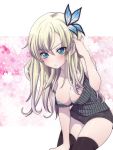  1girl bad_id blonde_hair blue_eyes blush boku_wa_tomodachi_ga_sukunai breasts butterfly butterfly_hair_ornament cleavage hair_ornament kashiwazaki_sena large_breasts long_hair off_shoulder pororigenki short_shorts shorts solo tank_top thigh-highs 