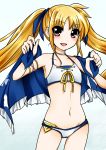  1girl bardiche bikini blonde_hair blush fate_testarossa flat_chest front-tie_top hair_ribbon lyrical_nanoha mahou_shoujo_lyrical_nanoha mahou_shoujo_lyrical_nanoha_a&#039;s mahou_shoujo_lyrical_nanoha_the_movie_2nd_a&#039;s nata_(7natadeco) navel open_mouth red_eyes remu-0918 ribbon smile solo swimsuit twintails 