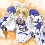  1girl :&gt; altrene animal_ears armor bare_shoulders blonde_hair blush breasts busou_shinki cleavage dd_(ijigendd) doll_joints elbow_gloves fishnets gloves long_hair rabbit_ears sitting solo thigh-highs wariza 