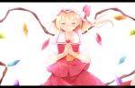  1girl alza ascot blonde_hair blush bow crying female flandre_scarlet hands_together happy_tears hat hat_bow letterboxed own_hands_together short_hair side_ponytail simple_background skirt skirt_set smile solo tears touhou white_background wings 