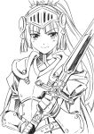  1girl agahari armor breastplate forte_(rune_factory) gauntlets greyscale long_hair looking_at_viewer monochrome rune_factory rune_factory_4 simple_background solo sword visor_(armor) weapon white_background 