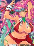  1girl armpits bare_shoulders blush breasts cleavage eroe green_hair junketsu_duelion large_breasts long_hair magatama original pink_hair solo sword weapon 