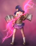  123hamster 1girl bangs book cardigan electricity highres long_hair looking_back my_little_pony my_little_pony_friendship_is_magic off_shoulder personification pleated_skirt purple_hair purple_skirt skirt socks solo tattoo twilight_sparkle violet_eyes wand 