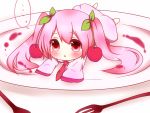  1girl cherry chibi food food_themed_hair_ornament fruit hair_ornament hatsune_miku misa_(kaeruhitode) necktie pink_hair sakura_miku solo twintails violet_eyes vocaloid 