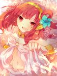  1girl bracelet breasts choker flower hair_flower hair_ornament hairband jewelry long_hair looking_at_viewer lots_of_jewelry magi_the_labyrinth_of_magic morgiana navel open_mouth red_eyes redhead shimotsuki_eri side_ponytail smile solo 