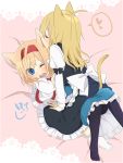  2girls alice_margatroid animal_ears black_legwear blonde_hair blush capelet cat_ears cat_tail closed_eyes female hairband kirisame_marisa licking long_hair multiple_girls no_hat no_headwear one_eye_closed open_mouth pantyhose short_hair tail touhou tsuno_no_hito wince wink yuri 