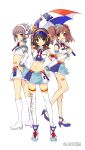  3girls animal_ears armband asahina_mikuru boots brown_hair hand_on_hip headset high_heels itou_noiji microphone midriff multiple_girls nagato_yuki purple_hair racequeen school_uniform serafuku shoes short_hair suzumiya_haruhi suzumiya_haruhi_no_yuuutsu tattoo thigh-highs twintails umbrella 