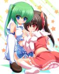  2girls absurdres ascot ass back bare_shoulders blue_eyes blush bow breasts brown_eyes brown_hair detached_sleeves female frog_hair_ornament green_hair hair_bow hair_ornament hair_tubes hakurei_reimu highres kochiya_sanae liya long_hair multiple_girls open_mouth panties ponytail ribbon sitting skirt smile socks striped striped_panties thigh-highs touhou twintails underwear wariza white_legwear yuri 