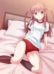  1girl arm_support atarashi_ako bed black_legwear blush brown_hair buruma dutch_angle e20 gym_uniform kneehighs leaning_back long_hair no_shoes on_bed pillow red_eyes saki saki_achiga-hen shirt sitting smile socks solo two_side_up 