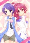  2girls aida_mana blush bow dokidoki!_precure gift hair_bow heart highres kenzaki_makoto multiple_girls necktie nekoyaso pink_eyes pink_hair precure purple_hair short_hair shorts smile thigh_gap valentine violet_eyes 