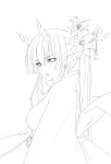  1girl absurdres breasts flower hair_flower hair_ornament highres horns kagerou_(shadowmage) lineart long_hair monochrome original pointy_ears solo 