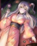  1girl blush breasts cleavage female japanese_clothes kimono large_breasts long_hair looking_at_viewer lying mystic_square no_panties on_back one_side_up shinki side_ponytail silver_hair skirt smile solo touhou y2 