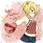  1girl belt blonde_hair blue_eyes blush camisole cropped_legs gift hand_on_hip happy_valentine heart looking_away midriff navel original outstretched_hand short_hair short_twintails sky_(freedom) solo tsundere twintails ueno_kyouko valentine 